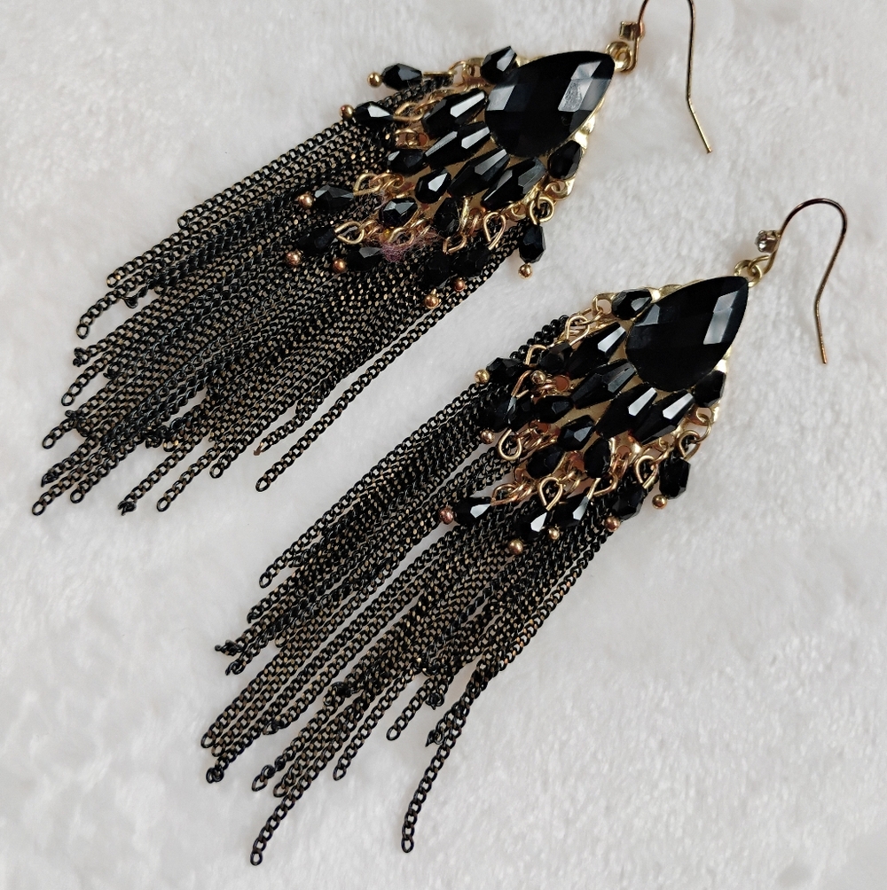 Beautiful Black & Gold Chain Bead Rhinestone Earrings | 4"
